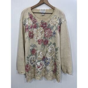 Vtg Hand Knit Chunky Ramie Floral Embroidery Grandma Garden Cottagecore Sweater